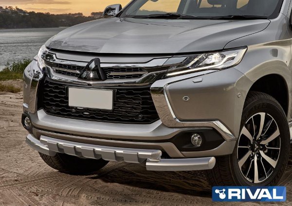 Защита переднего бампера (d76+d57) с профильной защитой картера Rival для Mitsubishi Pajero Sport III (с 2016 г.в.)